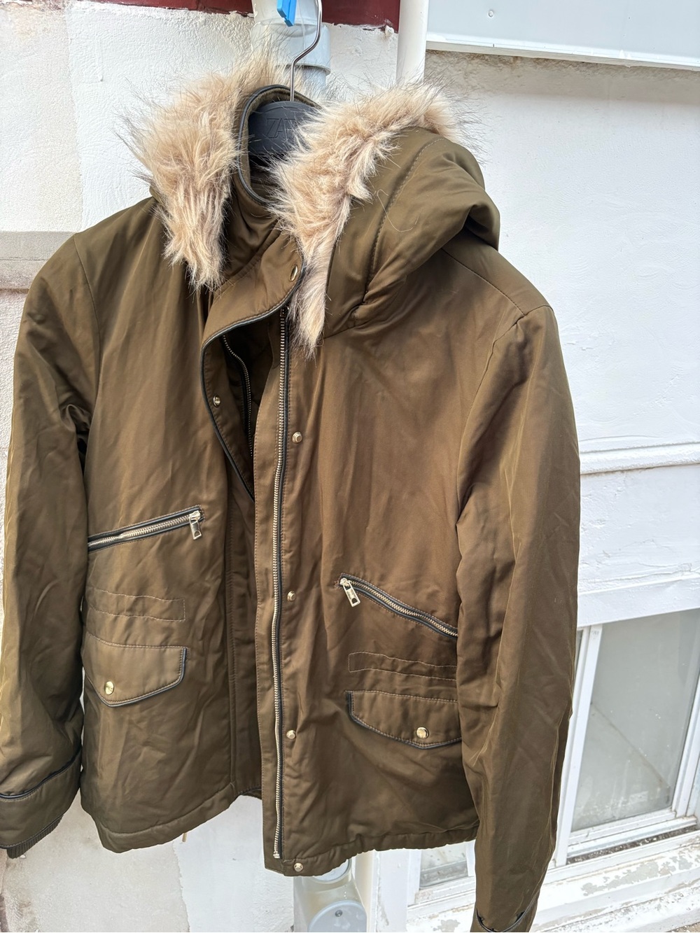 Women Olive Green Parka Jacket with Faux Fur Hood
